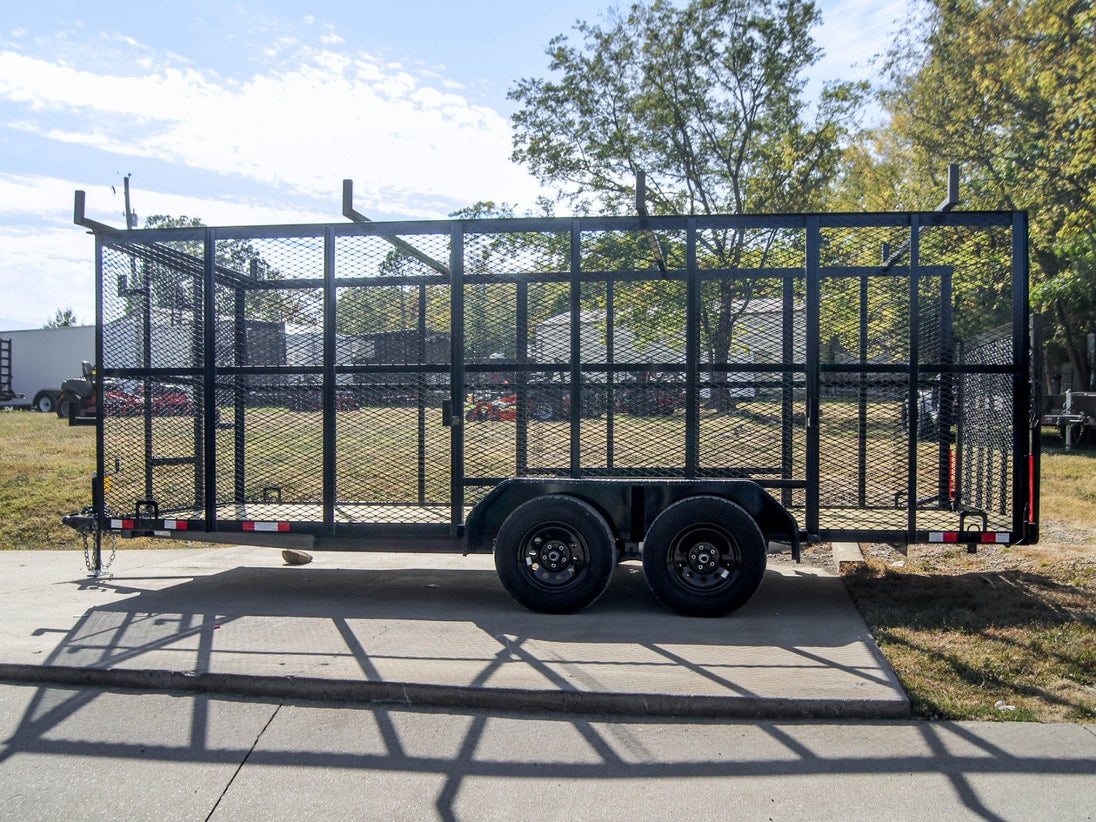 7x18 Tandem Straight Deck Utility Trailer with 6ft Mesh Sides and Ladder Racks