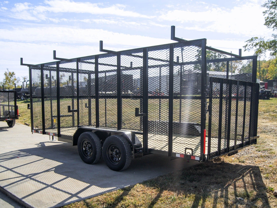 7x18 Tandem Straight Deck Utility Trailer with 6ft Mesh Sides and Ladder Racks