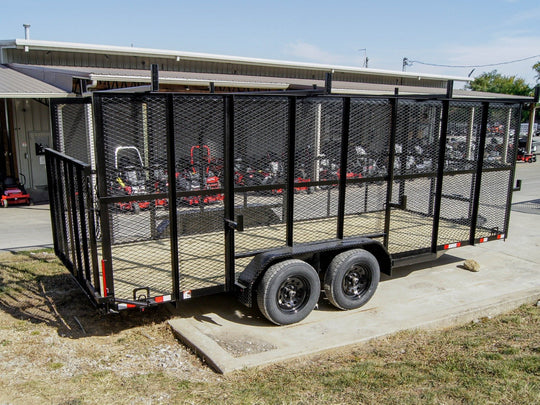 7x18 Tandem Straight Deck Utility Trailer with 6ft Mesh Sides and Ladder Racks