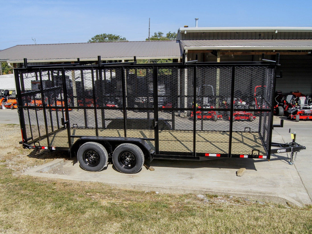 7x18 Tandem Straight Deck Utility Trailer with 6ft Mesh Sides and Ladder Racks