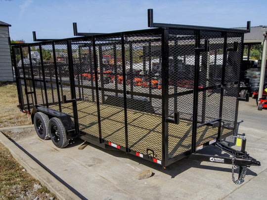 7x18 Tandem Straight Deck Utility Trailer with 6ft Mesh Sides and Ladder Racks