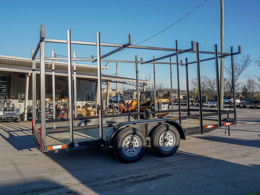 6.4x16 Straight Deck Tandem Utility Trailer 6ft Ladder Racks Side Angled View