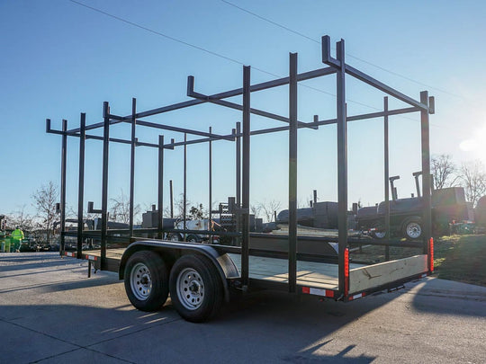 6.4x16 Straight Deck Tandem Utility Trailer 6ft Ladder Racks Side Angled View