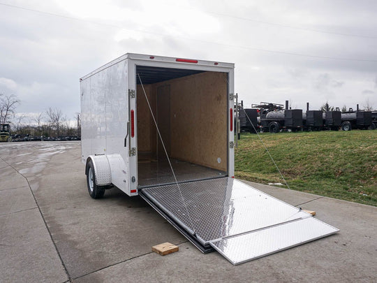 6'x12'  Enclosed V-Nose Trailer White Diamond Plate Floor Side Angle