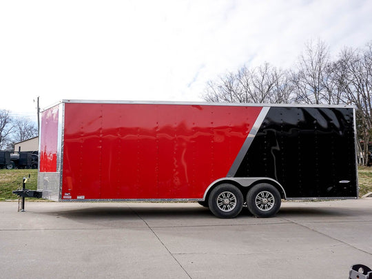 Enclosed Trailer 8.5'x22' Red & Black - Car Hauler Side Angle View