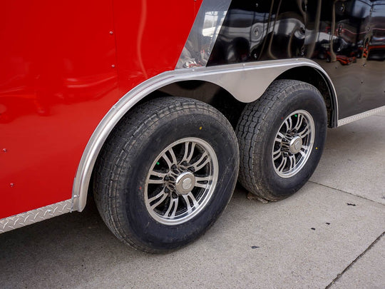 Enclosed Trailer 8.5'x22' Red & Black - Car Hauler Side Angle View