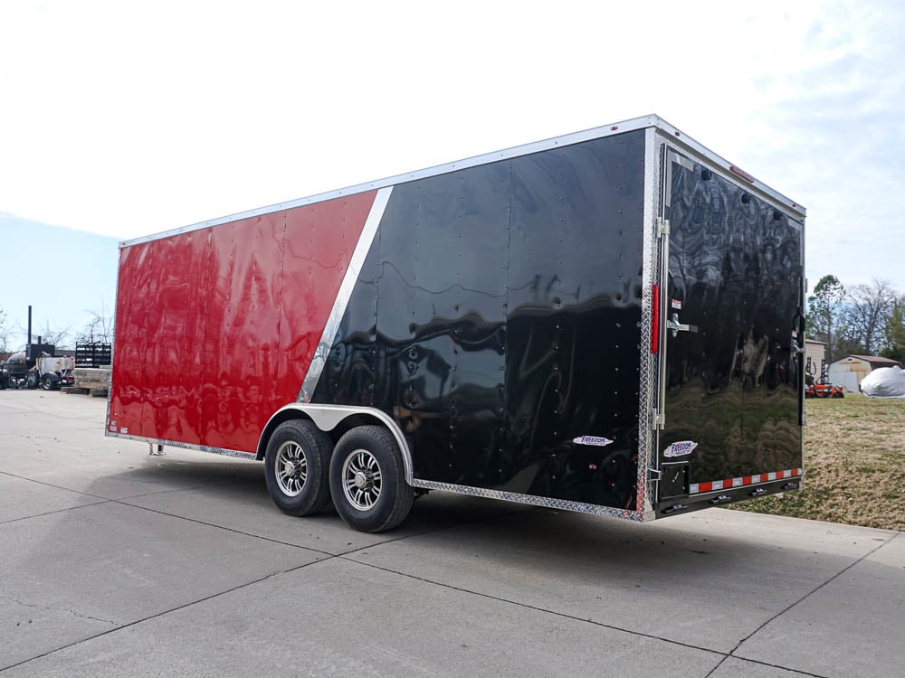 Enclosed Trailer 8.5'x22' Red & Black - Car Hauler Side Angle View