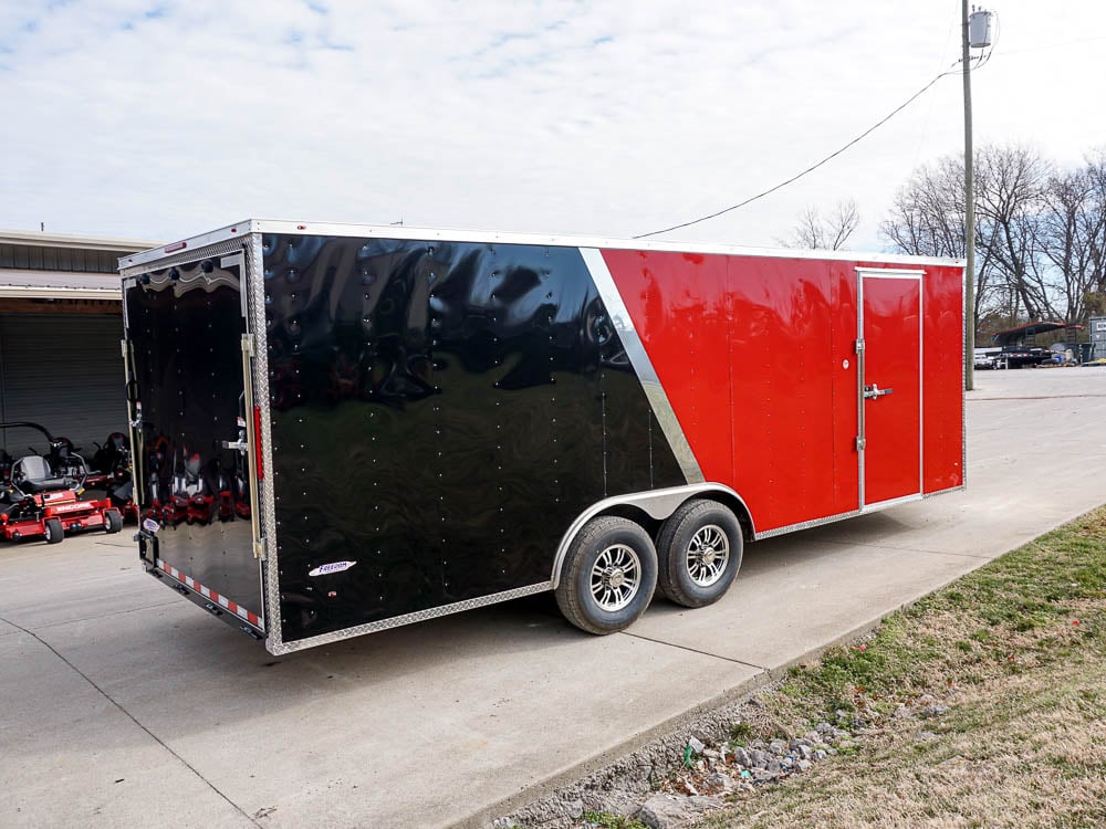 Enclosed Trailer 8.5'x22' Red & Black - Car Hauler Side Angle View