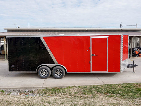 Enclosed Trailer 8.5'x22' Red & Black - Car Hauler Side Angle View