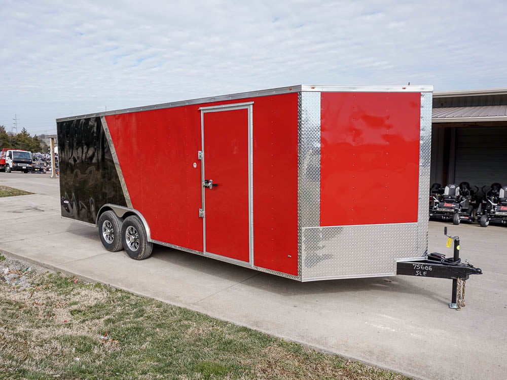 Enclosed Trailer 8.5'x22' Red & Black - Car Hauler Side Angle View