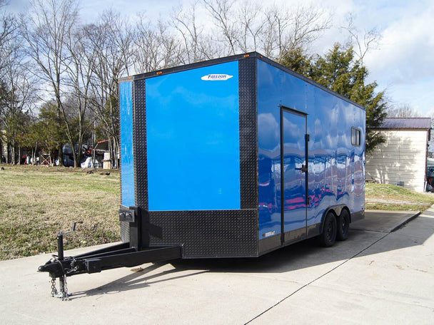 8.5x18 Blue V-Nose Slanted Top Enclosed Trailer with Blackout Package