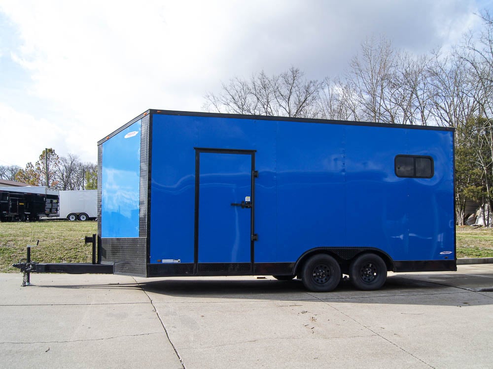 8.5x18 Blue V-Nose Slanted Top Enclosed Trailer with Blackout Package