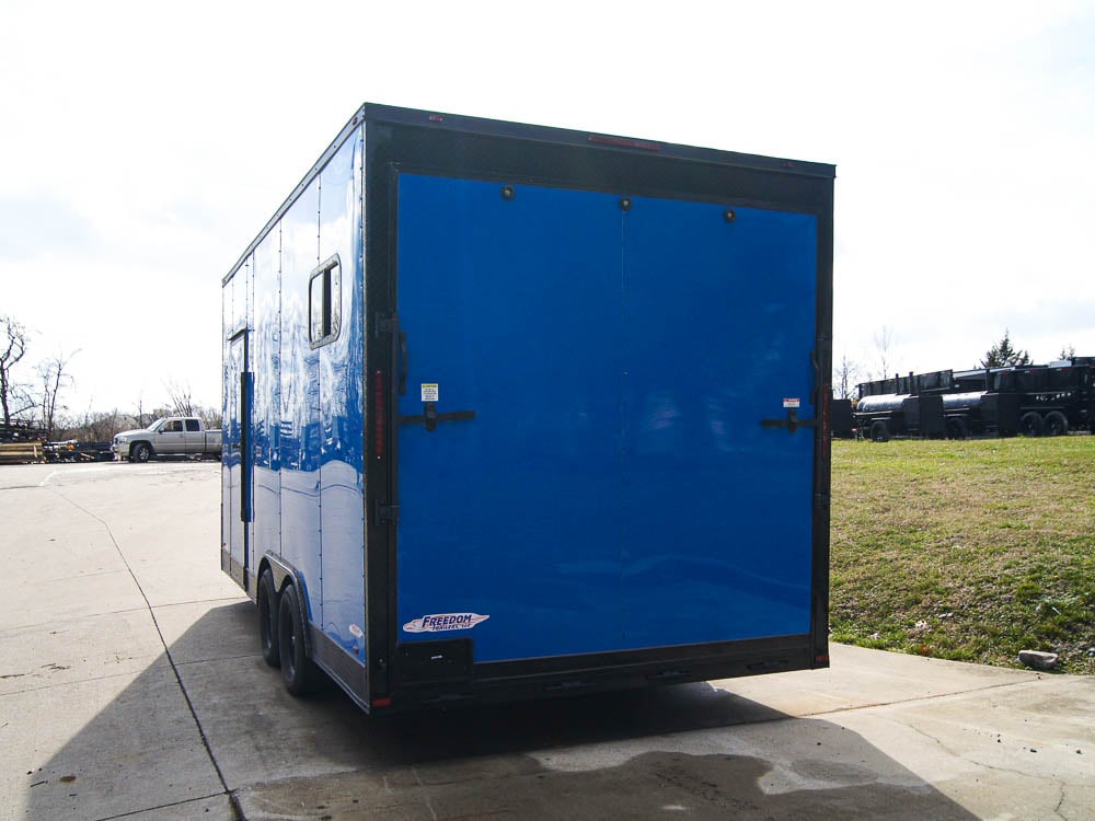 8.5x18 Blue V-Nose Slanted Top Enclosed Trailer with Blackout Package