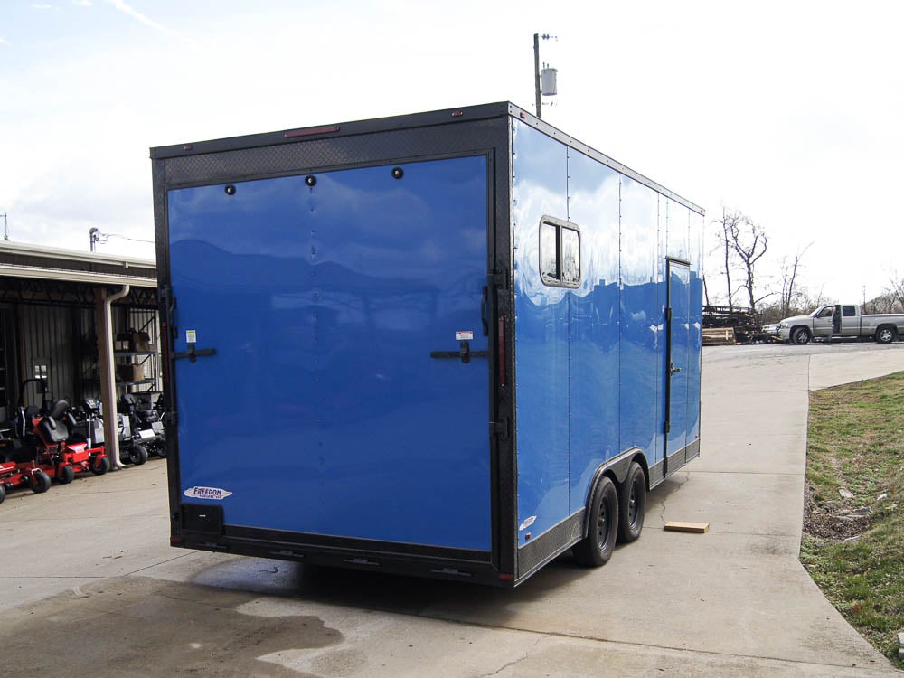 8.5x18 Blue V-Nose Slanted Top Enclosed Trailer with Blackout Package