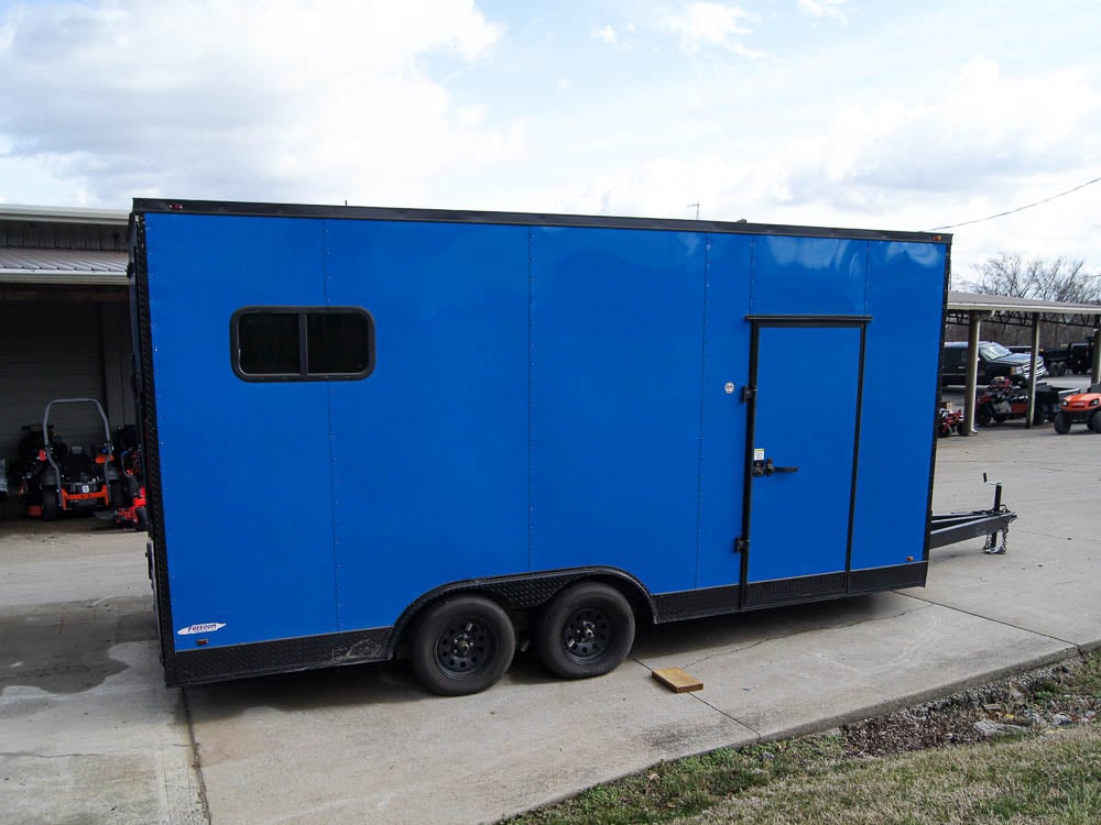 8.5x18 Blue V-Nose Slanted Top Enclosed Trailer with Blackout Package