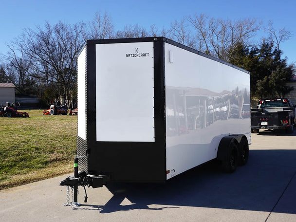 7x16 Enclosed Trailer White V-Nose Blackout Package Tandem Axle Front Angle