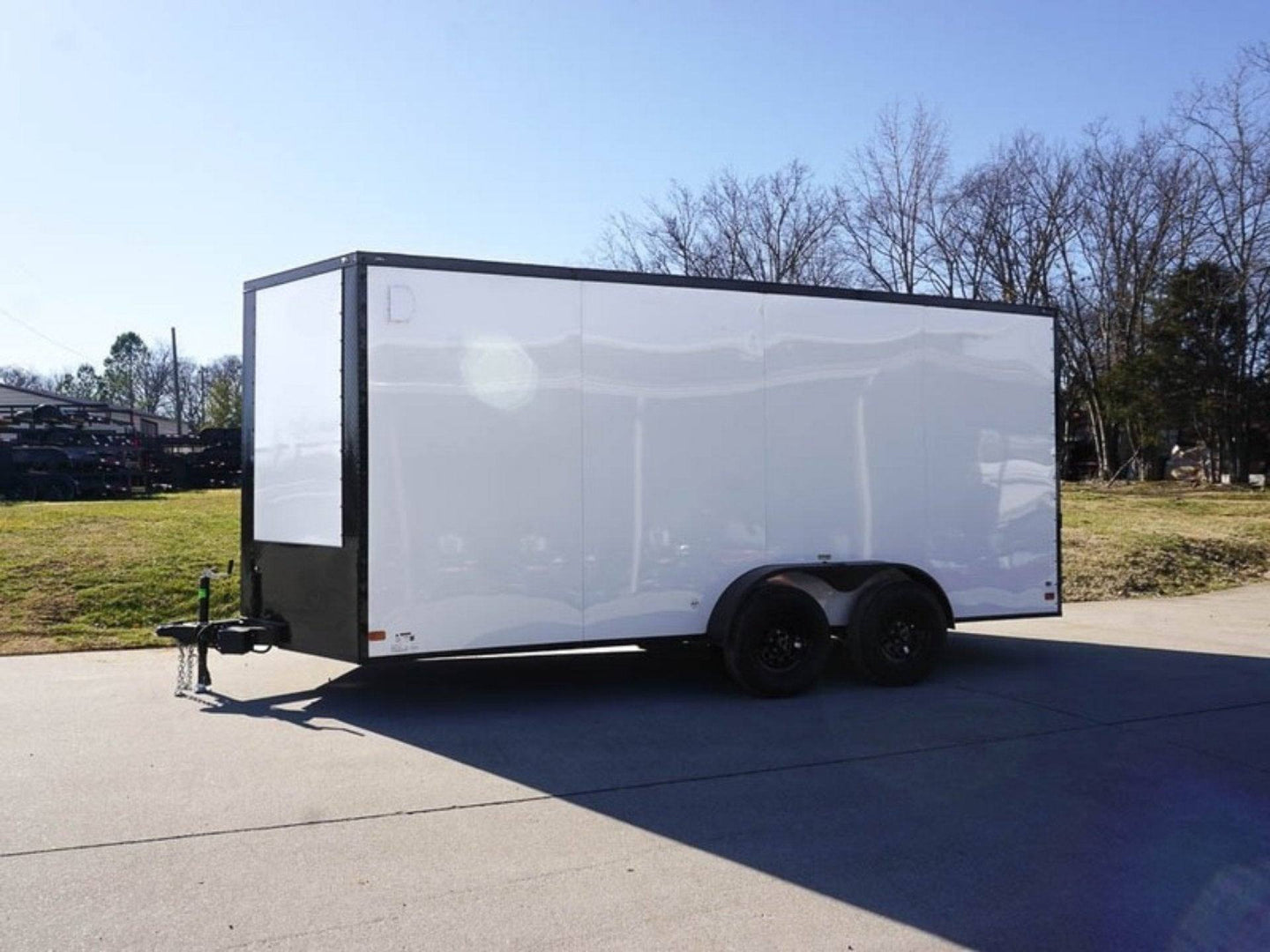 7x16 Enclosed Trailer White V-Nose Blackout Package Tandem Axle Front Angle