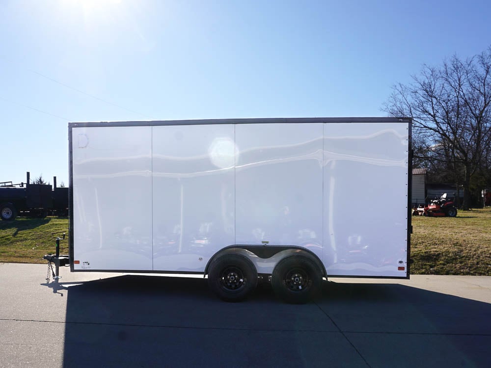 7x16 Enclosed Trailer White V-Nose Blackout Package Tandem Axle Front Angle