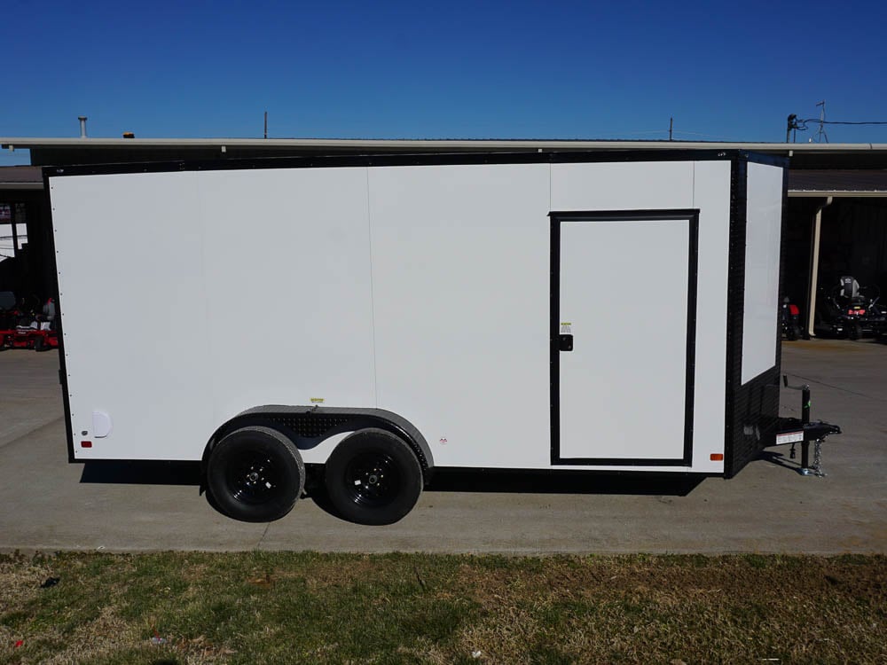 7x16 Enclosed Trailer White V-Nose Blackout Package Tandem Axle Front Angle