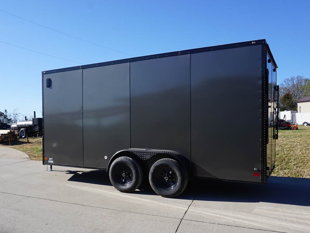 Enclosed Trailer 7x16 Charcoal V-Nose with Blackout Package Side Angle with Entry Door