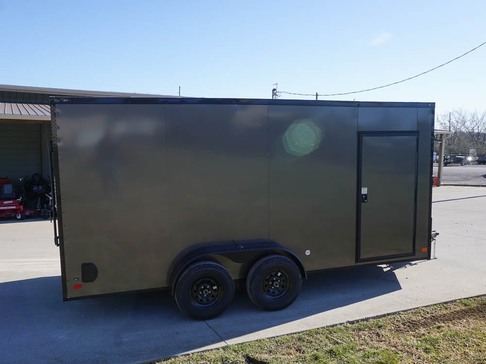 Enclosed Trailer 7x16 Charcoal V-Nose with Blackout Package Side Angle with Entry Door