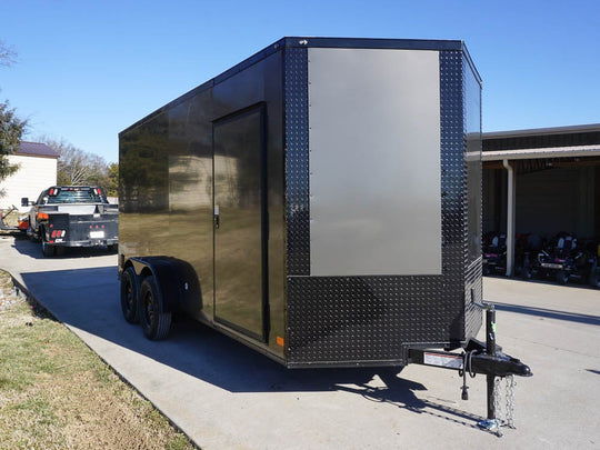 Enclosed Trailer 7x16 Charcoal V-Nose with Blackout Package Side Angle with Entry Door