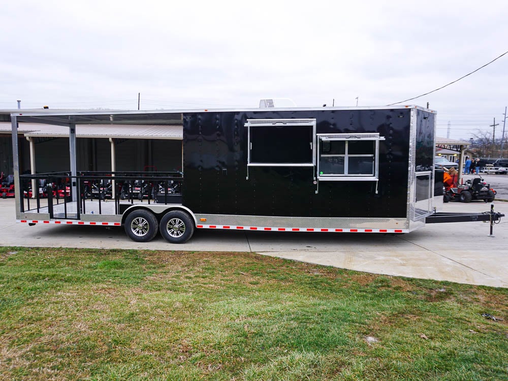 Concession Trailer 8.5' x 30' Custom V-Nose TV Box Porch Style