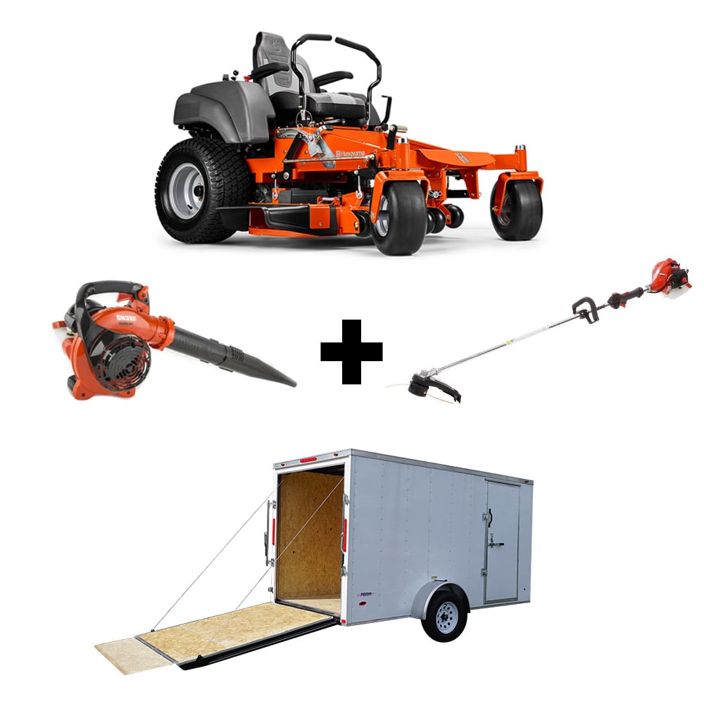 Husqvarna MZ48 48" Zero Turn Lawn Mower 23 HP Kawasaki Echo Handhelds and 6x12 Enclosed Trailer Package