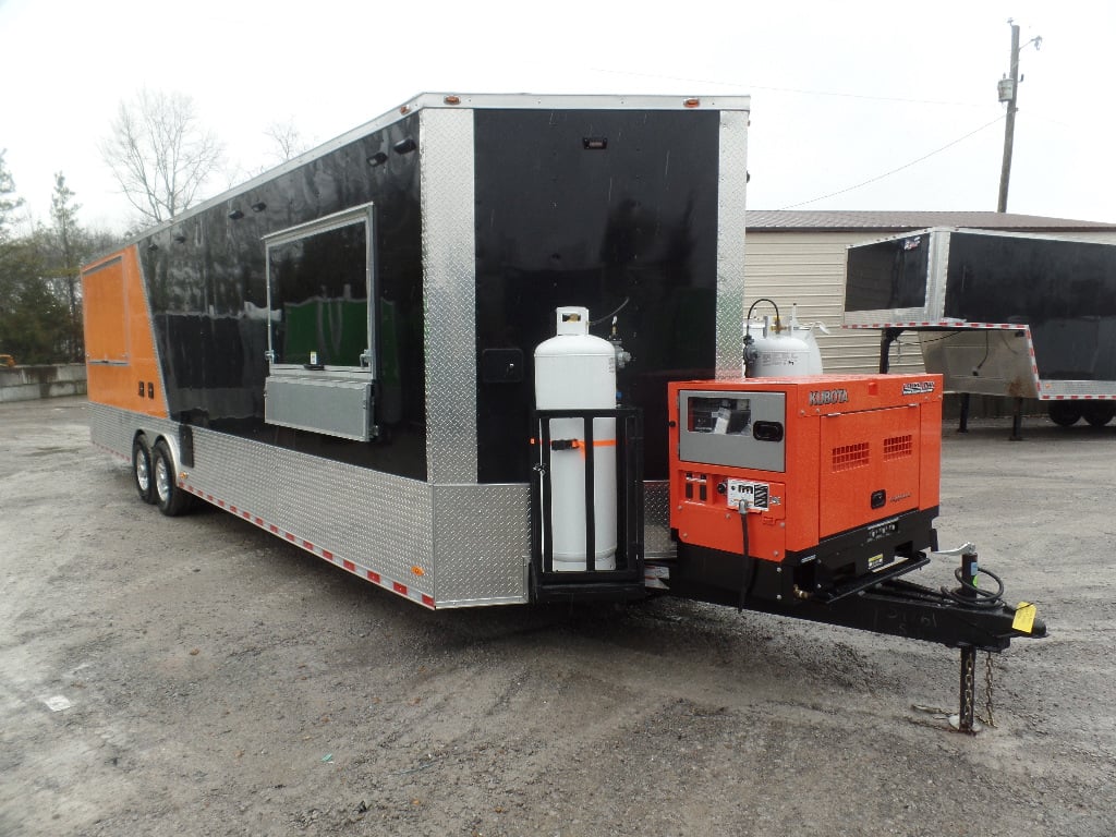 8.5' x 30' Black and Orange Porch Style Concession Food Trailer with Restroom