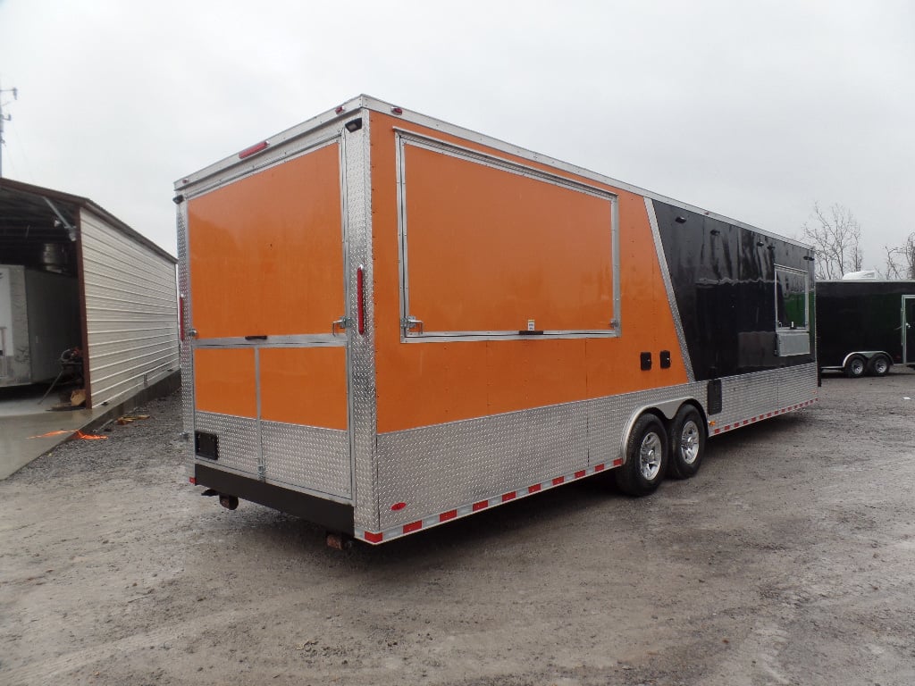 8.5' x 30' Black and Orange Porch Style Concession Food Trailer with Restroom