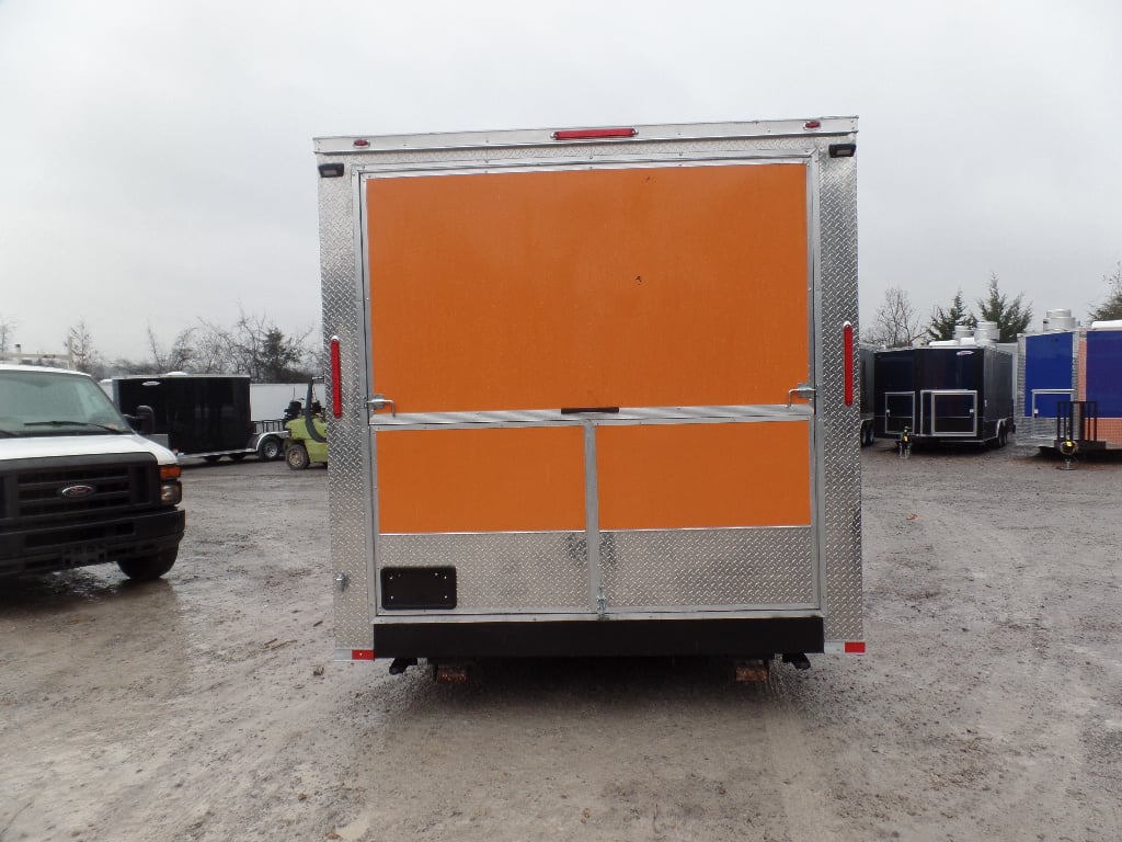 8.5' x 30' Black and Orange Porch Style Concession Food Trailer with Restroom