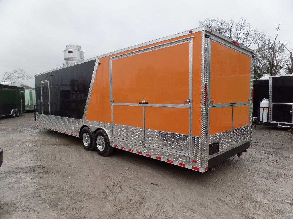 8.5' x 30' Black and Orange Porch Style Concession Food Trailer with Restroom