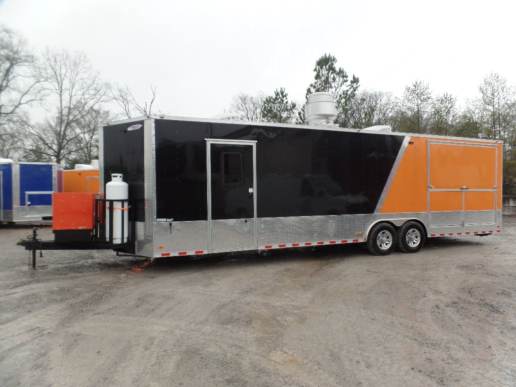 8.5' x 30' Black and Orange Porch Style Concession Food Trailer with Restroom