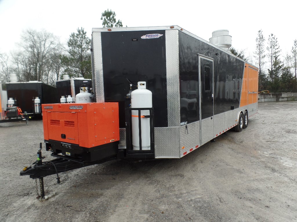 8.5' x 30' Black and Orange Porch Style Concession Trailer with Restroom And Appliances