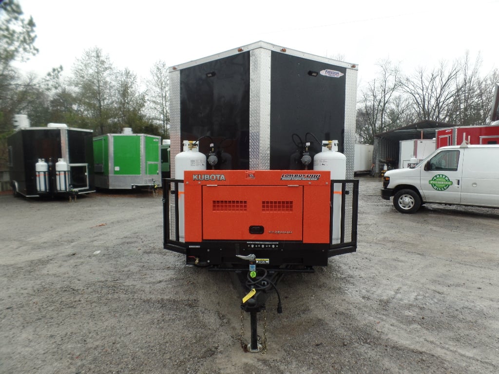 8.5' x 30' Black and Orange Porch Style Concession Food Trailer with Restroom