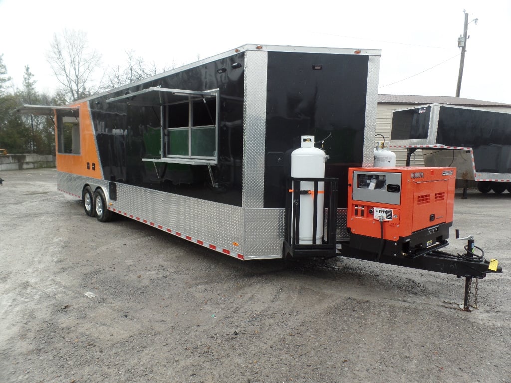 8.5' x 30' Black and Orange Porch Style Concession Food Trailer with Restroom