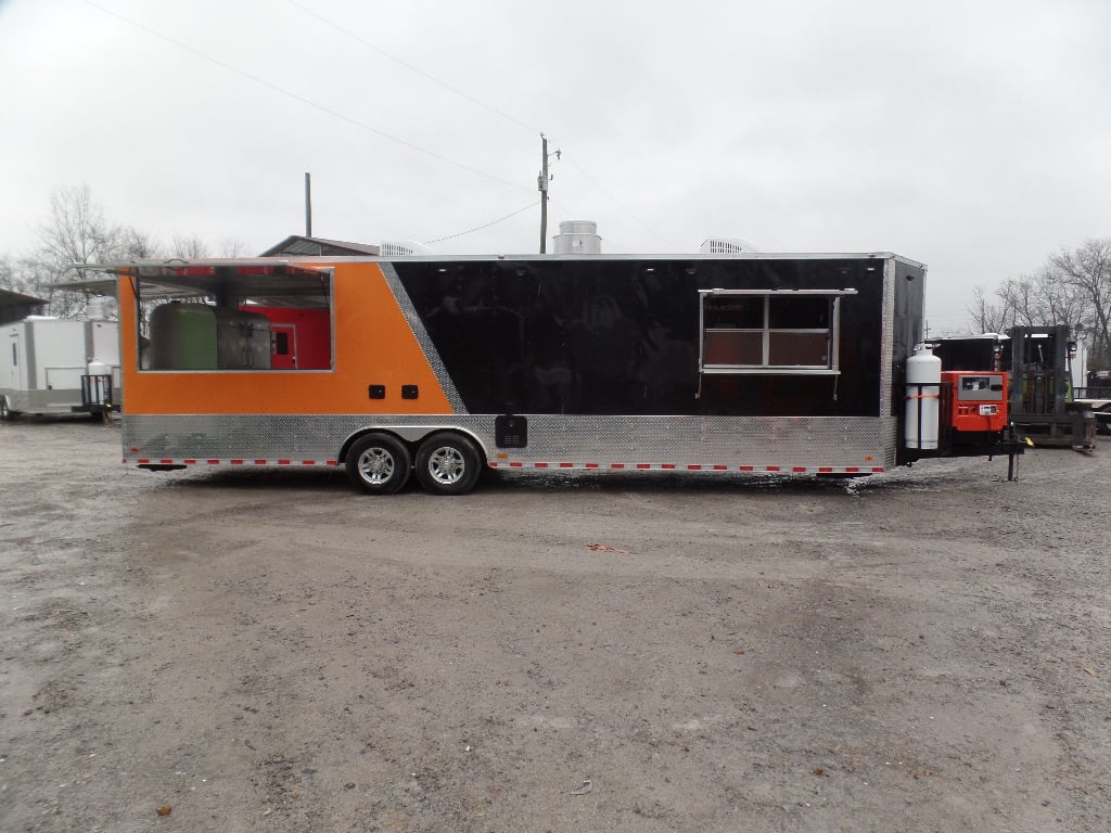 8.5' x 30' Black and Orange Porch Style Concession Trailer with Restroom And Appliances