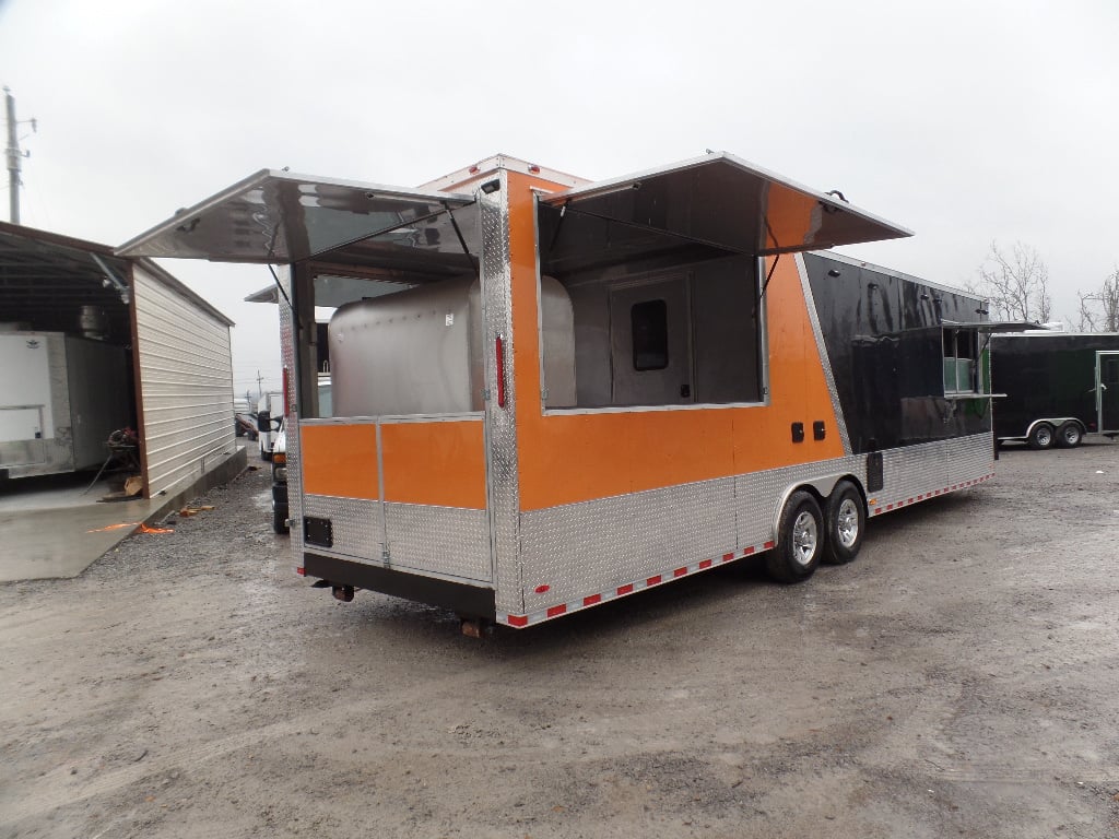 8.5' x 30' Black and Orange Porch Style Concession Trailer with Restroom And Appliances