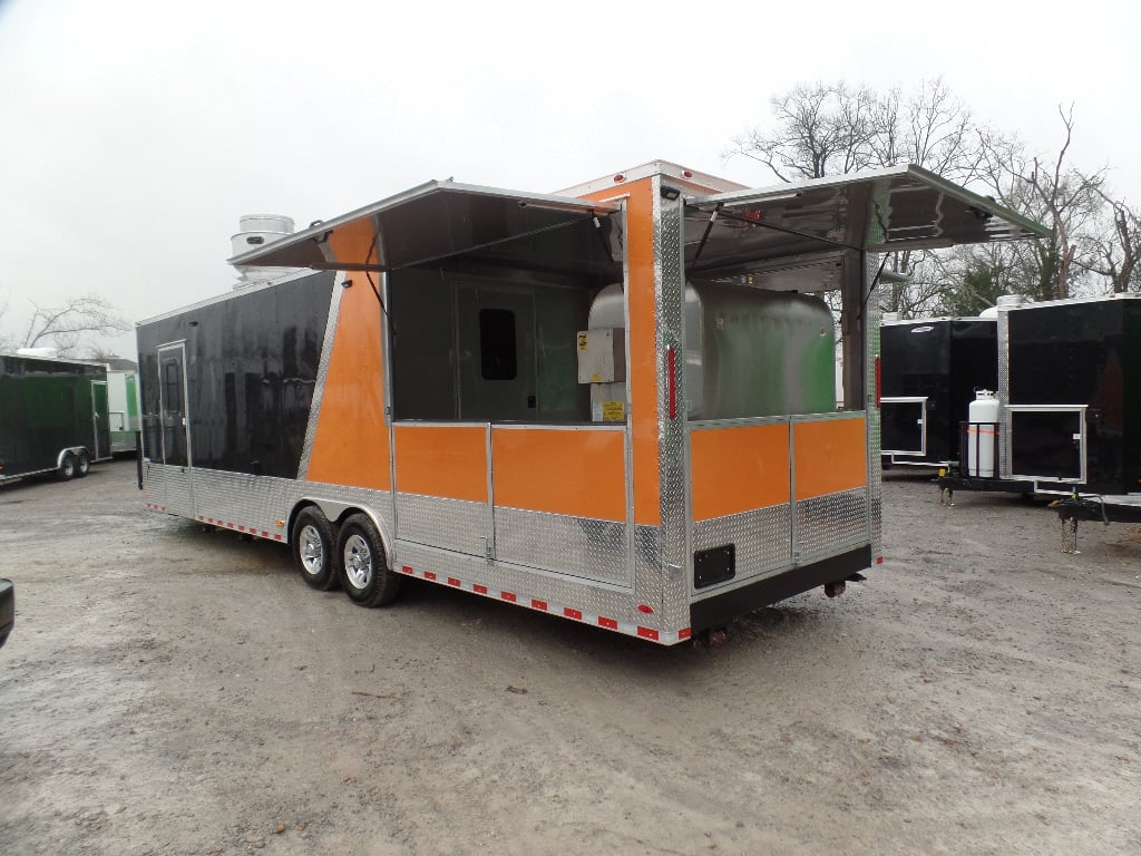 8.5' x 30' Black and Orange Porch Style Concession Trailer with Restroom And Appliances