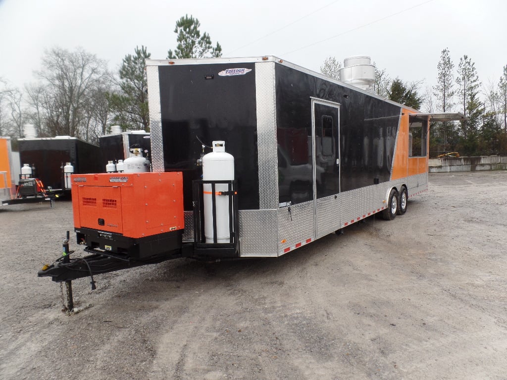 8.5' x 30' Black and Orange Porch Style Concession Food Trailer with Restroom