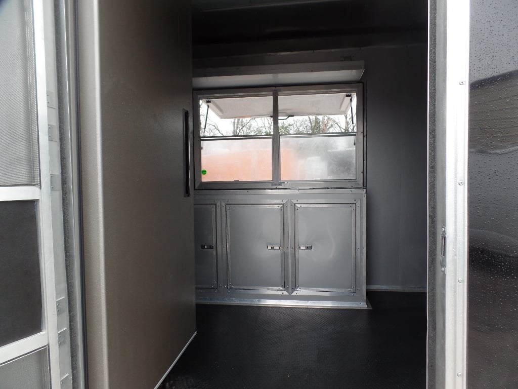 8.5' x 30' Black and Orange Porch Style Concession Trailer with Restroom And Appliances