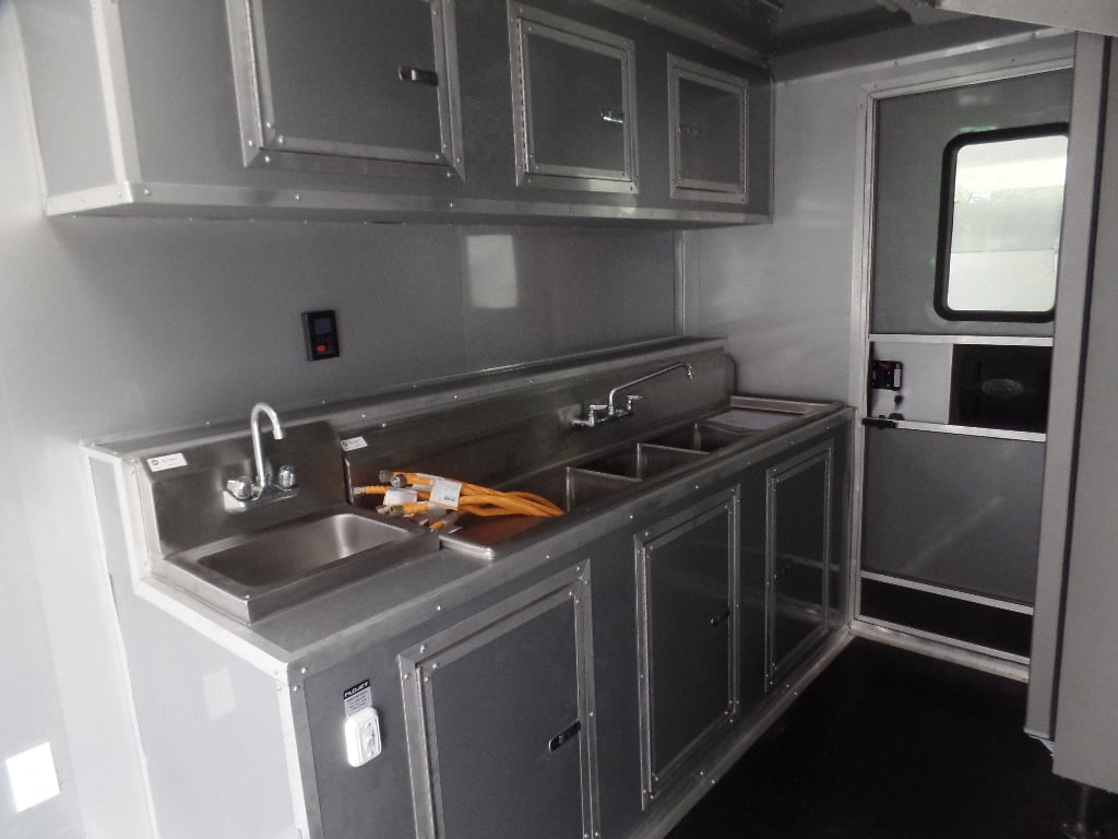 8.5' x 30' Black and Orange Porch Style Concession Food Trailer with Restroom