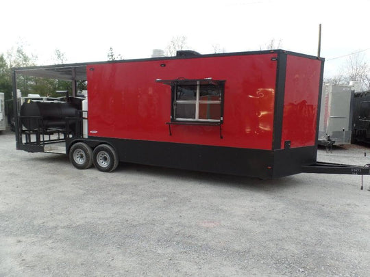 8.5' x 26' Red And Black Concession BBQ Food Trailer With Appliances - SLE Equipment - 1