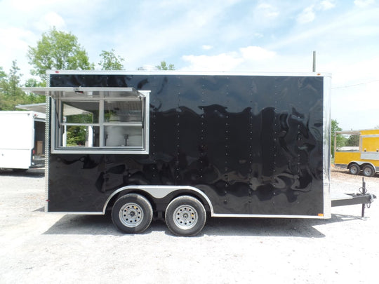 8.5' x 16' Black Flat Front Concession Food Trailer With Appliances