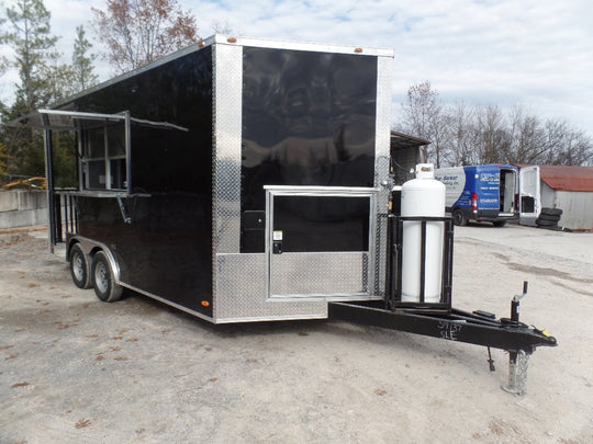 8.5' x 16' Black Porch Style Concession Food Trailer With Appliances