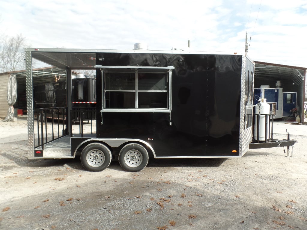 8.5' x 16' Black Porch Style Concession Food Trailer With Appliances