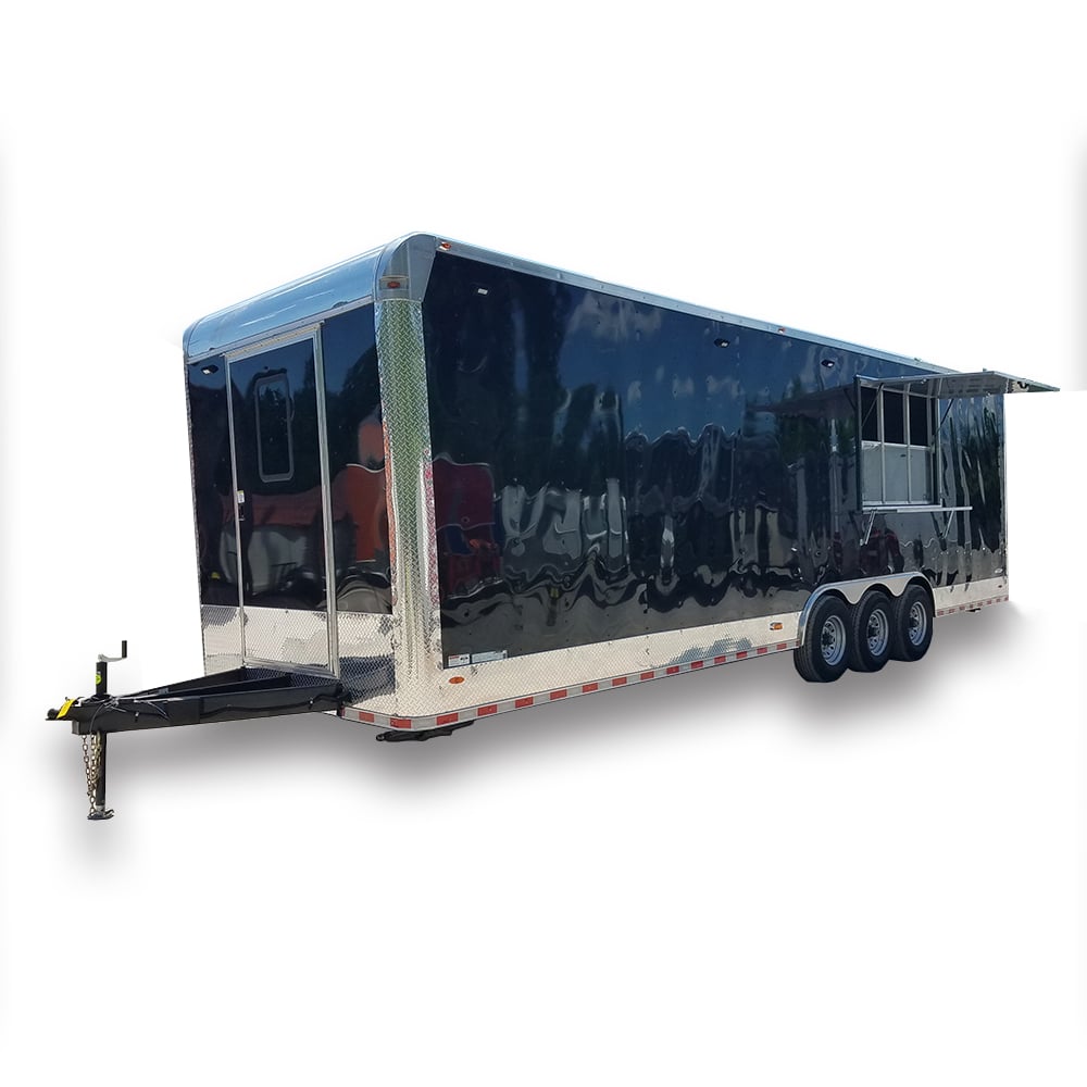 8.5' x 30'  Black Flat Nose w/ Header Cap Concession Food Trailer