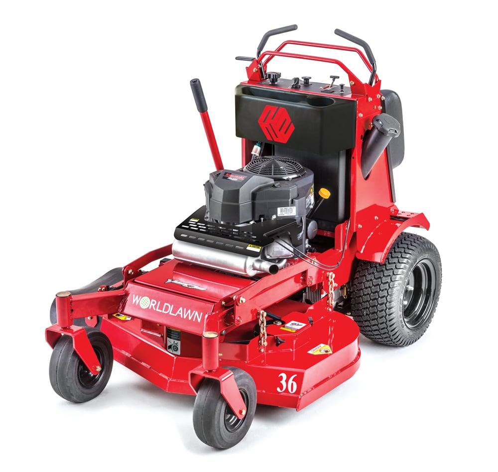 WorldLawn Venom Stand-On Walk Behind Mower Front Left - 36" Shown