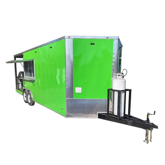 8.5' x 24' Lime Green BBQ Porch Style Concession Trailer with Restroom and Appliances - SLE Equipment - 1