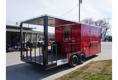 8.5 x 22 Red V-Nose Porch Style Concession with Blackout Trim Package